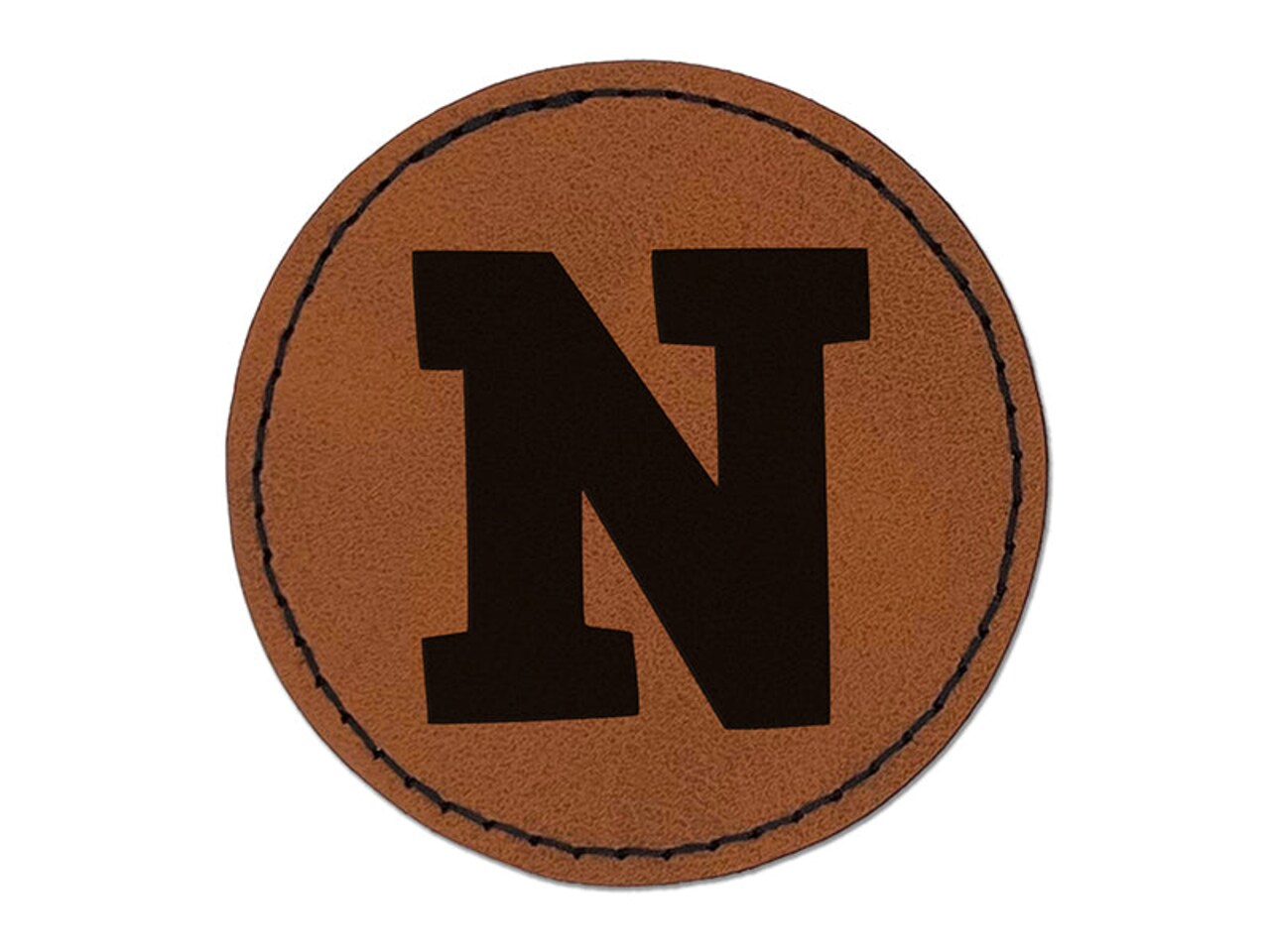 Letter N Uppercase Fun Bold Font Round Iron-On Engraved Faux Leather Patch Applique - 2.5"